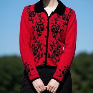 Work in Progress Red Knit Cardigan‎ Black Velvet Floral Beaded Button Up Medium